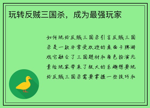 玩转反贼三国杀，成为最强玩家