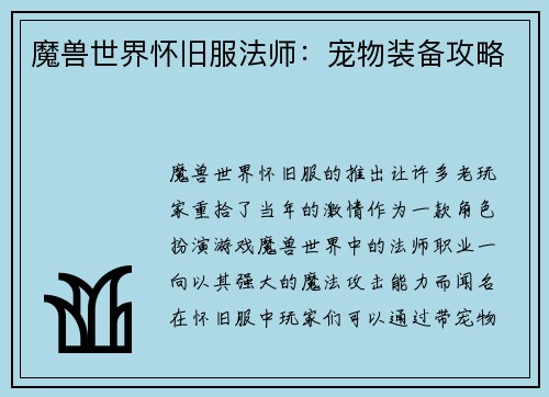 魔兽世界怀旧服法师：宠物装备攻略