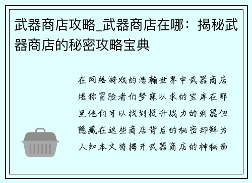武器商店攻略_武器商店在哪：揭秘武器商店的秘密攻略宝典