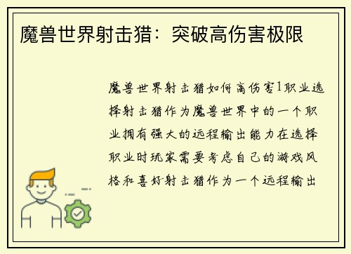 魔兽世界射击猎：突破高伤害极限